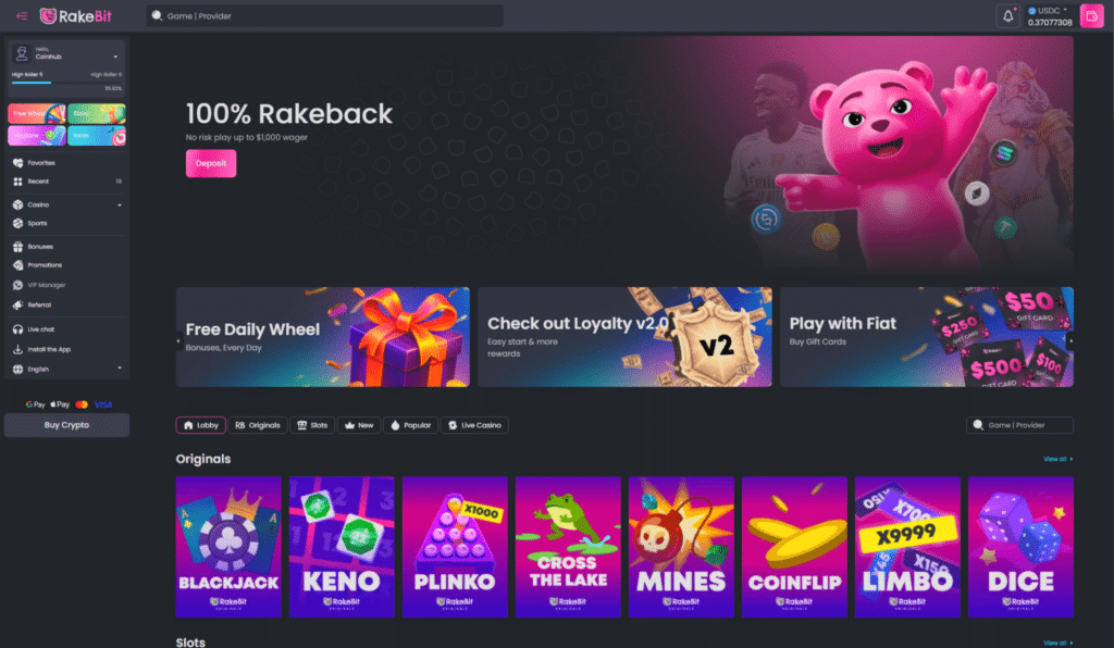 Rakebit crypto casino homepage with slot games sportsbook bonuses and live casino categories