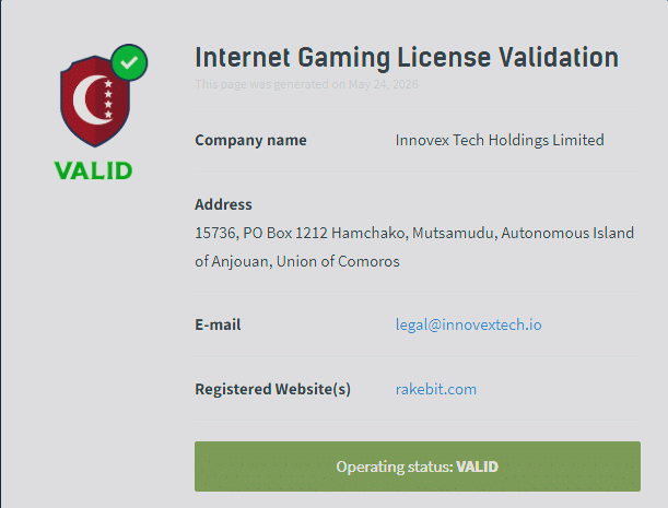 Rakebit casino license validation page showing verified online gaming license and company registration details
