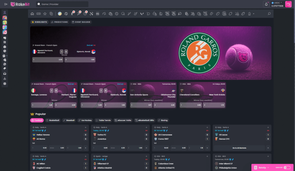 Rakebit sportsbook homepage with live football tennis basketball betting odds and sports events