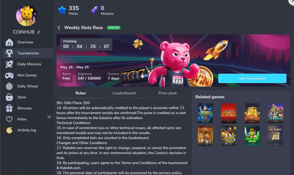 Rakebit casino tournaments page showing weekly slots race leaderboard prize pool and related slot games