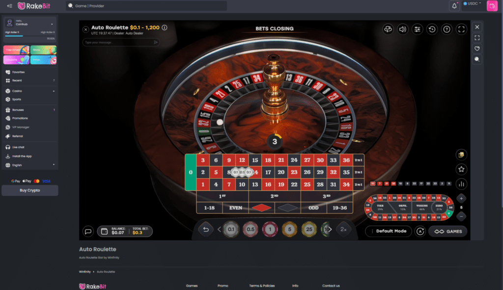 Rakebit live roulette casino game interface with real time betting table and dealer wheel