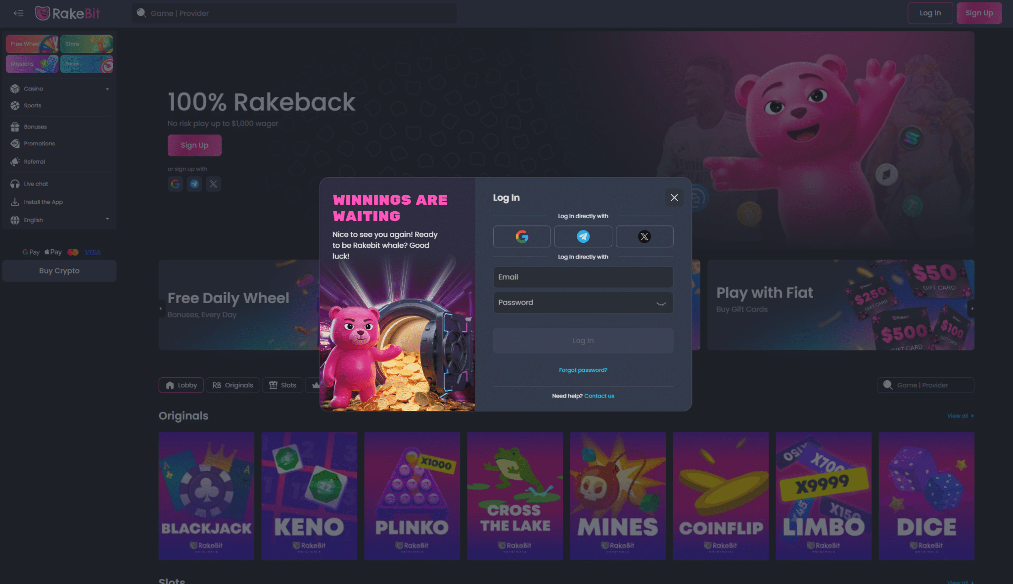 Rakebit casino login popup with email password fields and social media sign in options
