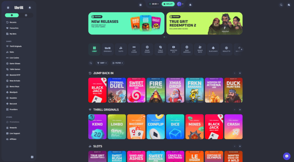 Thrill Review 2026 homepage interface with crypto slots, live casino games, and sportsbook betting