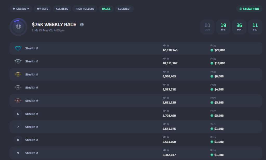 Thrill crypto casino leaderboard showing weekly race prizes and VIP competition rewards