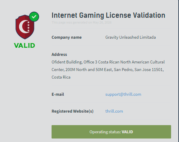Thrill crypto casino license verification and gambling regulation information