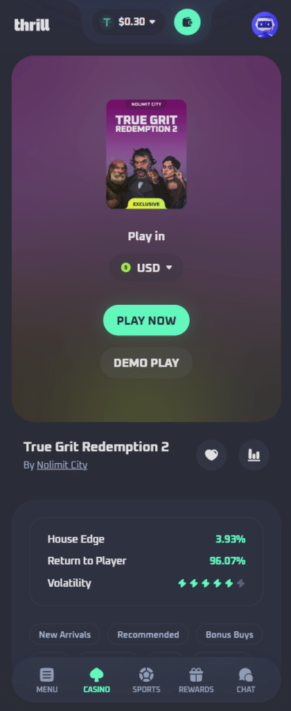 Thrill casino mobile app review showing mobile slot gameplay and crypto betting
