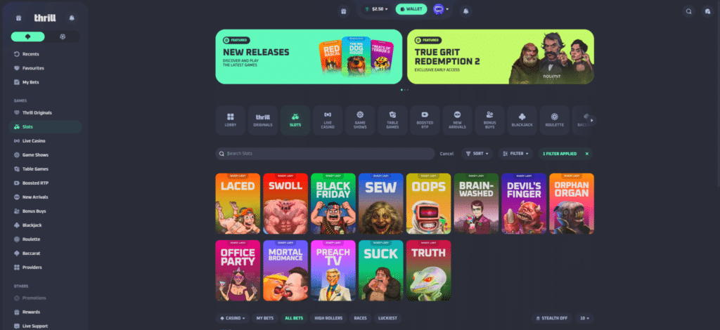 Thrill online casino slots lobby with crypto games and bonus buy features
