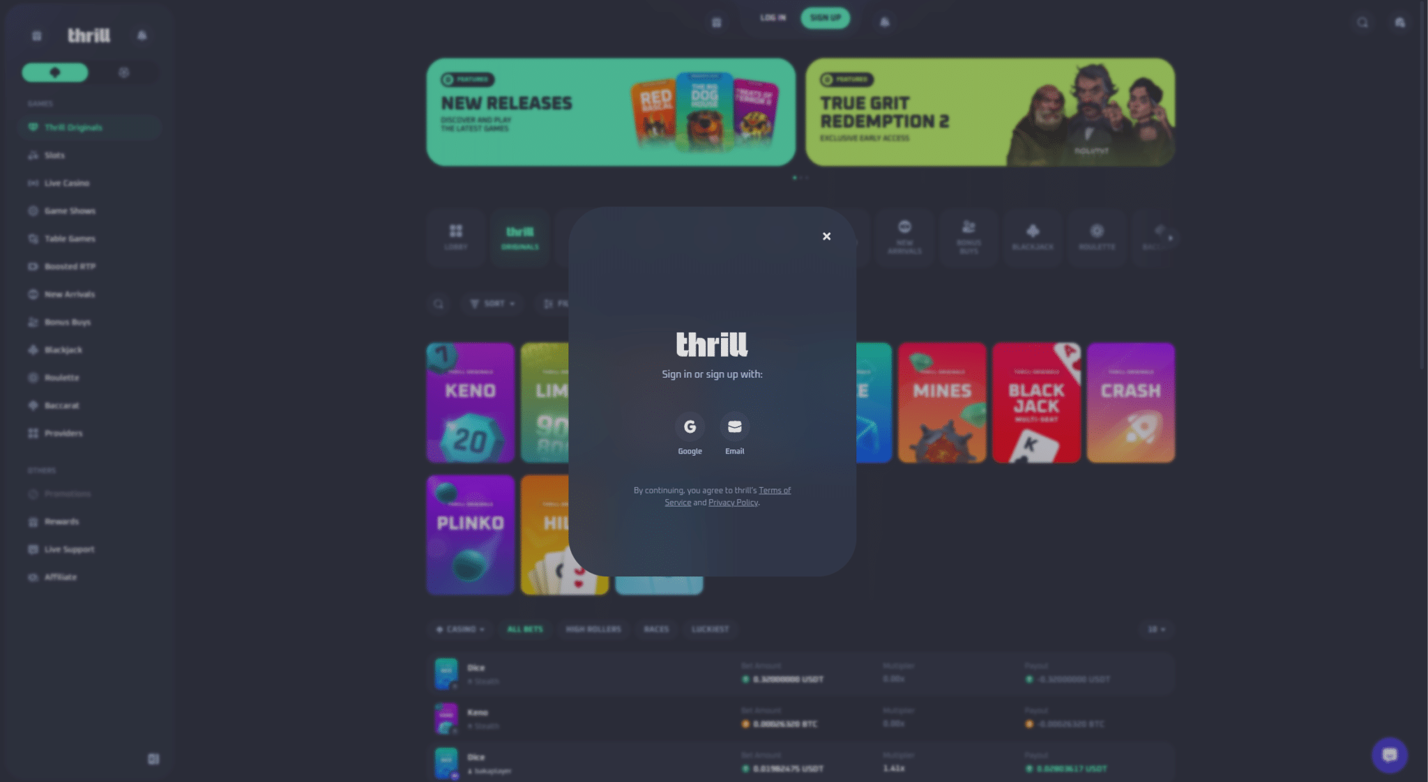 Thrill casino login and registration page for crypto gambling platform