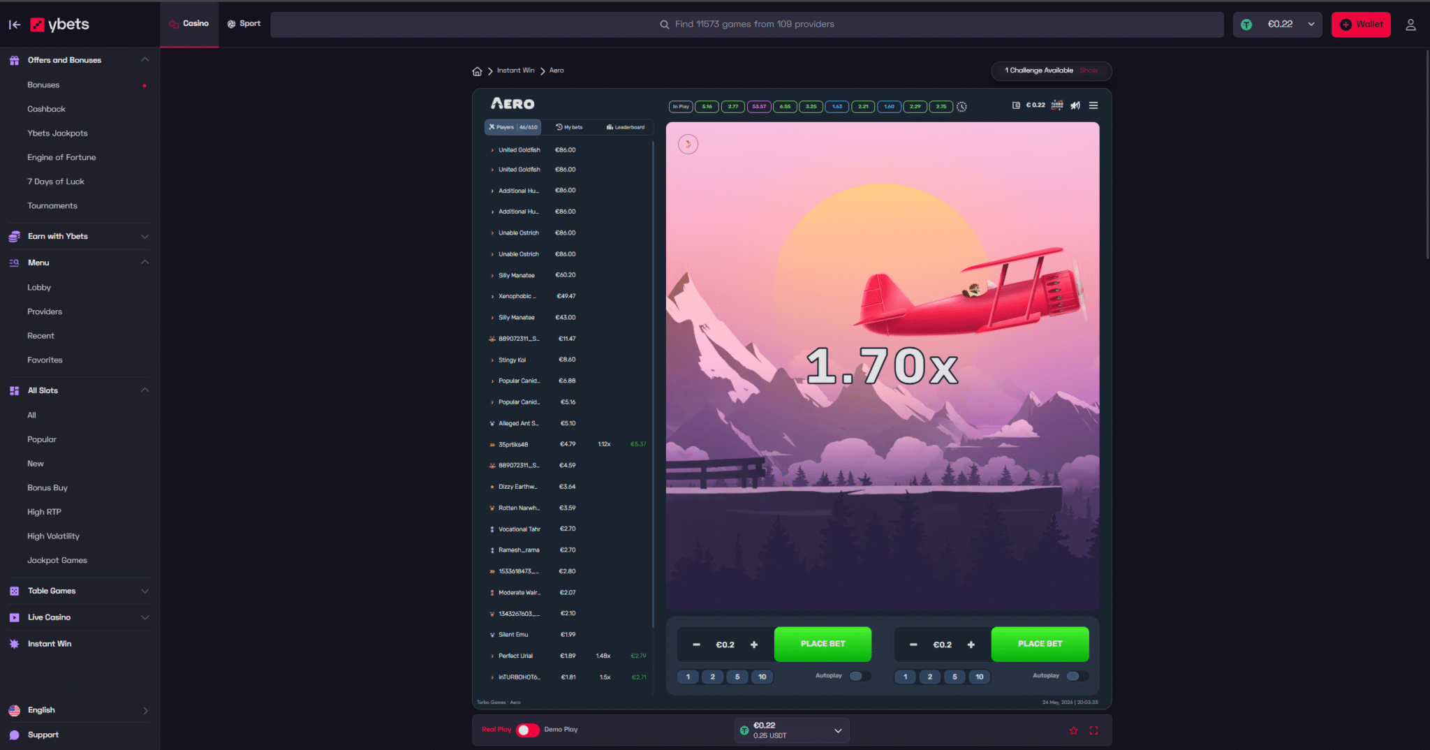 Ybets review Aero crash game interface showing live multiplier betting and player activity