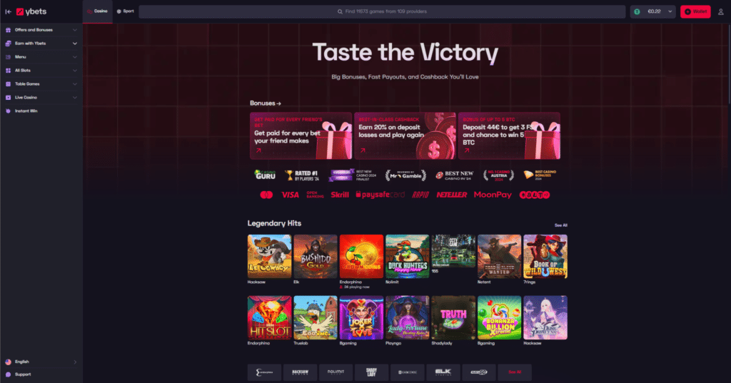 Ybets review casino homepage featuring slot games casino bonuses and payment providers