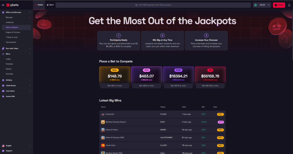 Ybets jackpot page displaying casino jackpot prizes and recent winner information