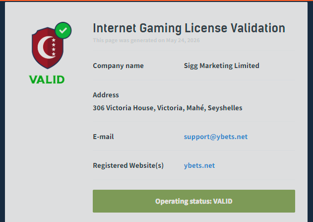 Ybets gaming license validation page showing casino operating status and company information