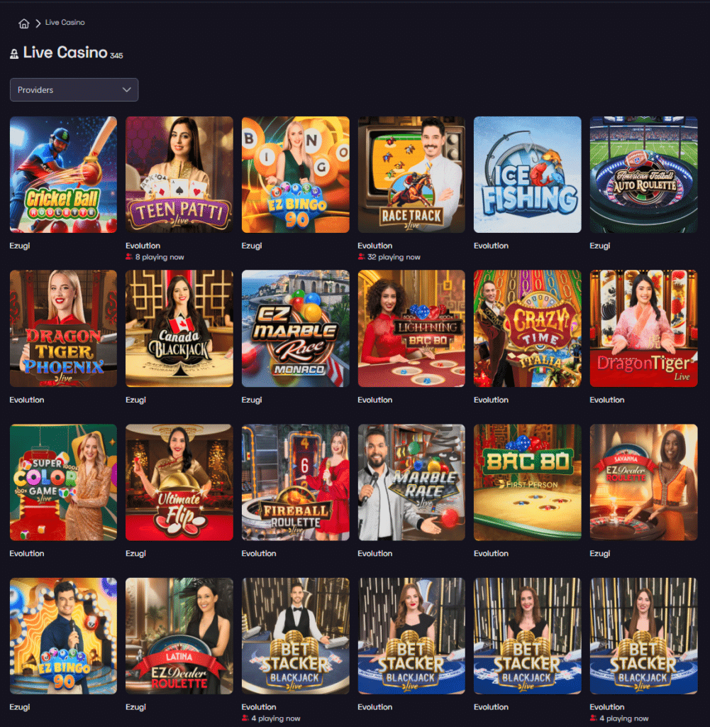 Ybets live casino page displaying live dealer games roulette blackjack baccarat and bingo tables
