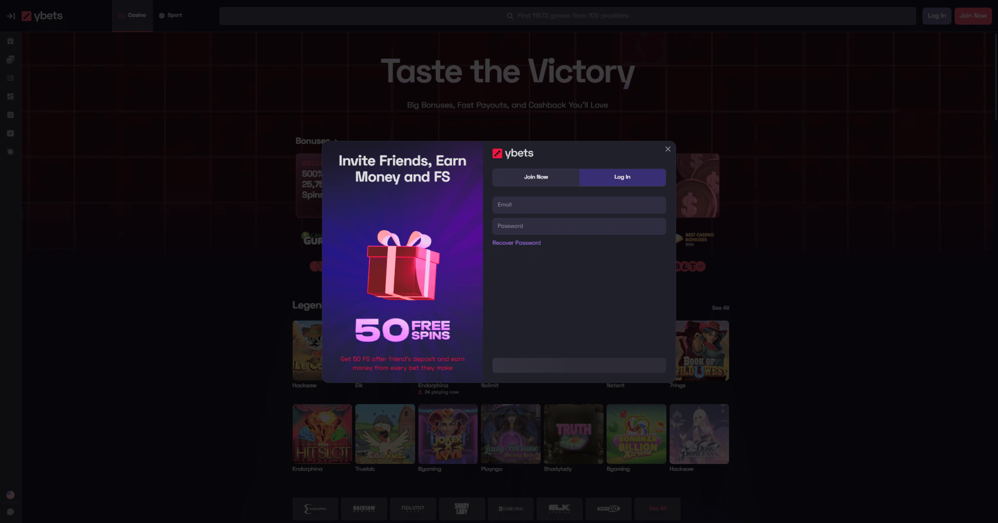 Ybets login and registration popup with free spins casino welcome bonus