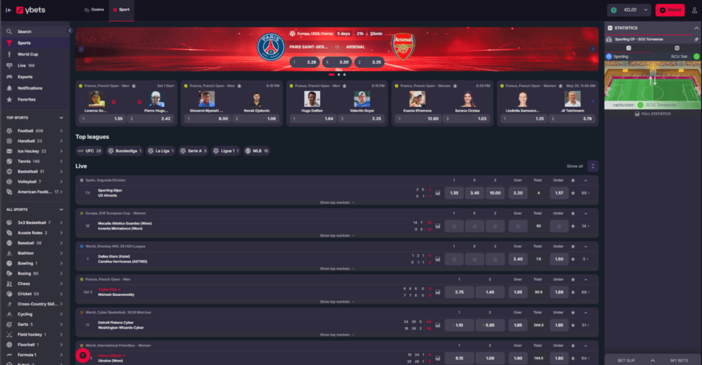 Ybets sportsbook page displaying live sports betting odds football tennis and esports matches