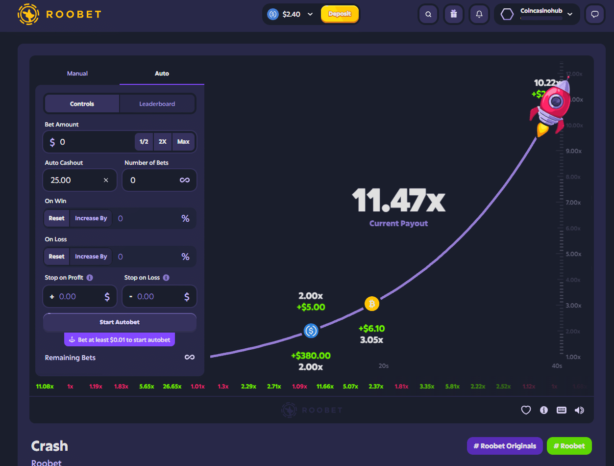 Roobet Crash game by Roobet Originals showing 10.22x multiplier