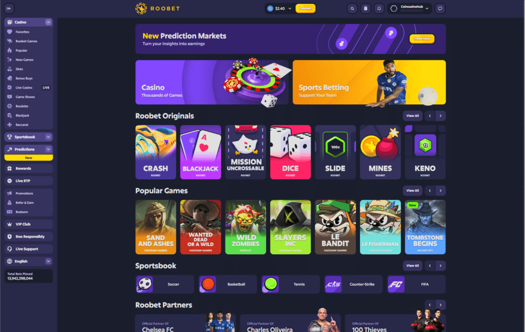 Roobet casino homepage showing prediction markets, casino, and sportsbook sections
