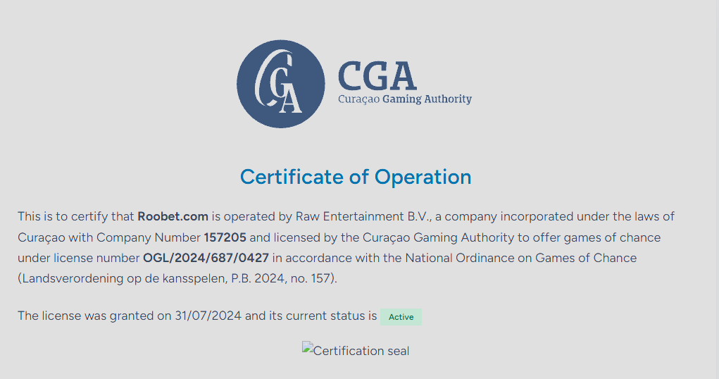 Roobet Curaçao Gaming Authority license OGL 2024 687 0427 verification