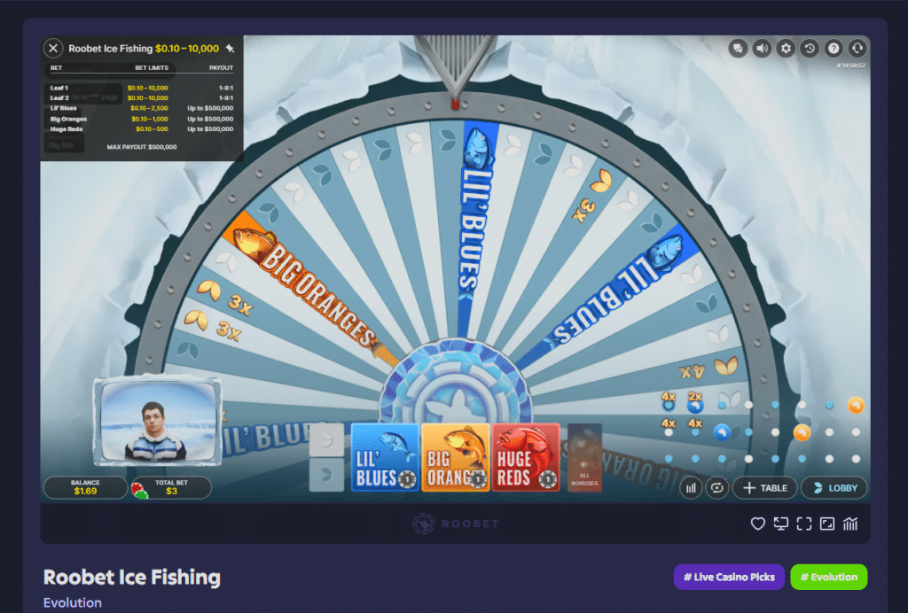 Roobet live casino Ice Fishing game by Evolution Gaming