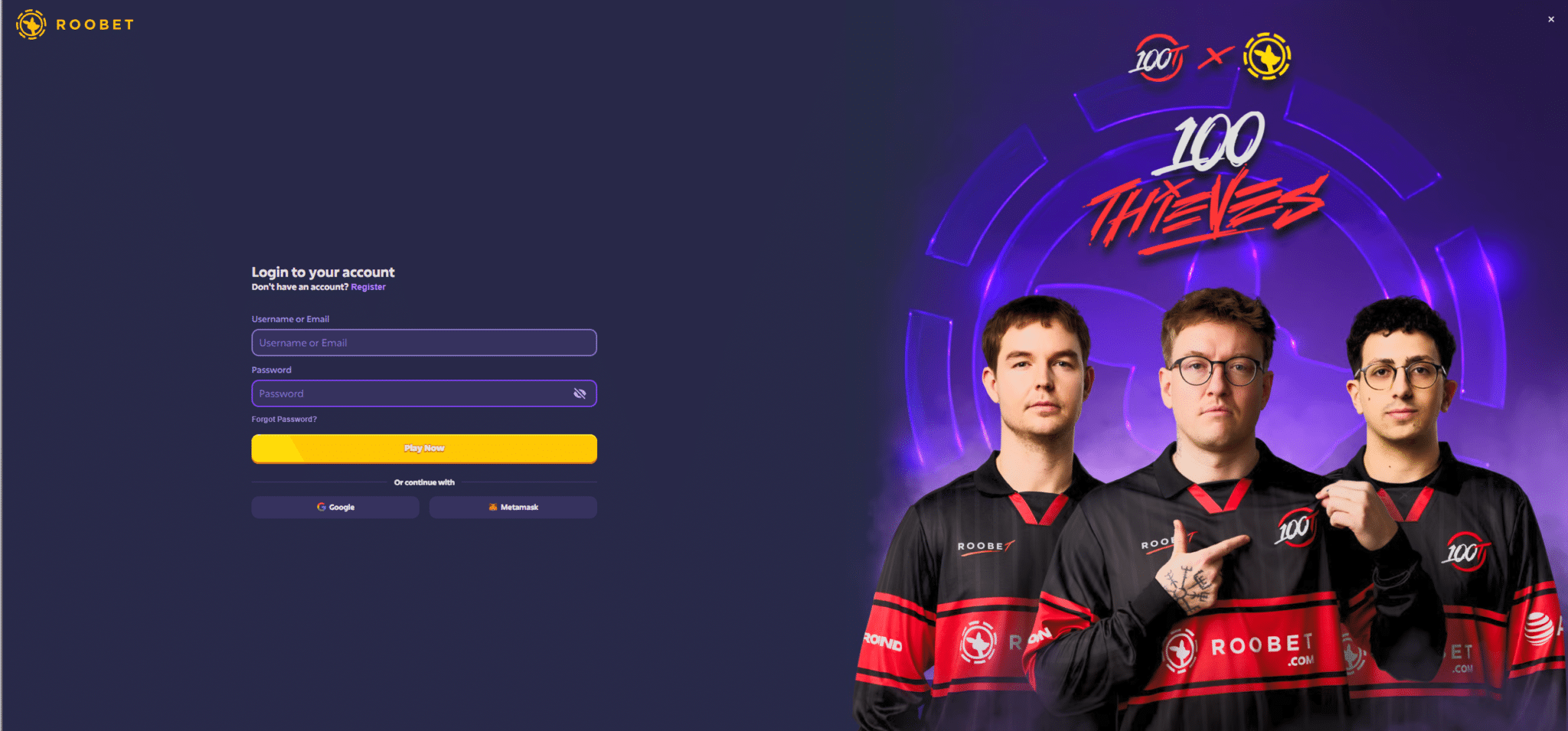 Roobet account registration and login screen