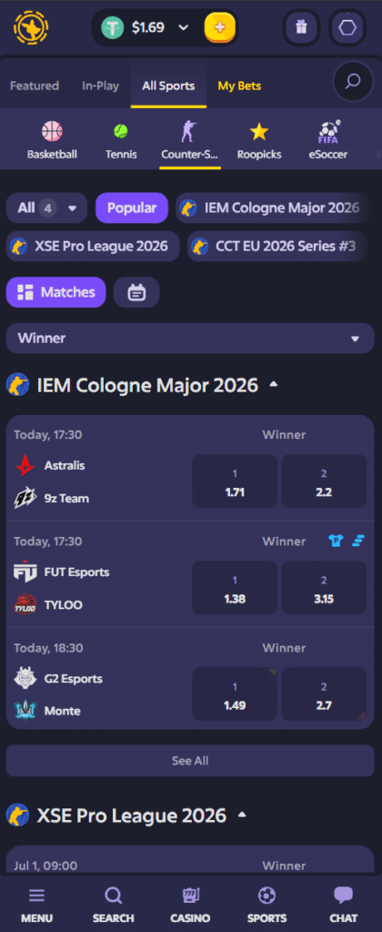 Roobet mobile app sportsbook with Counter-Strike CS2 betting markets