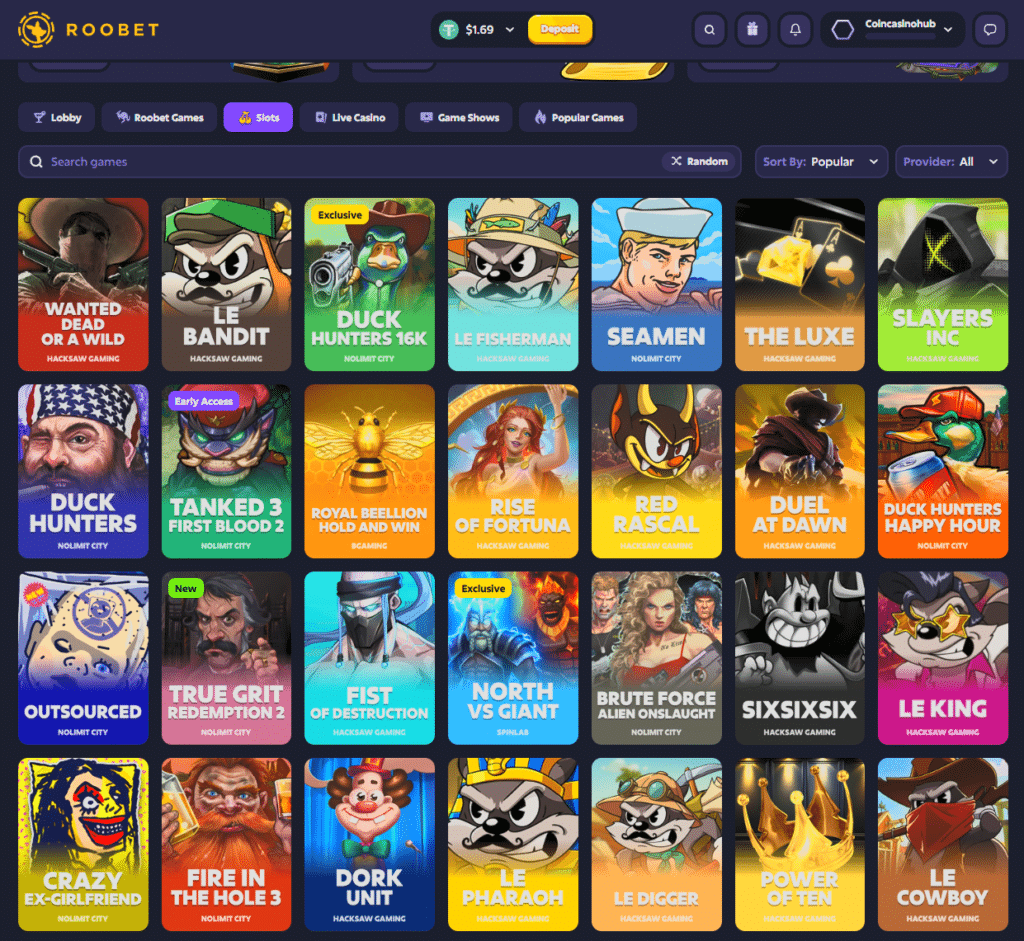 Roobet slots library with 6,300+ games from Pragmatic Play, Hacksaw Gaming, and Nolimit City
