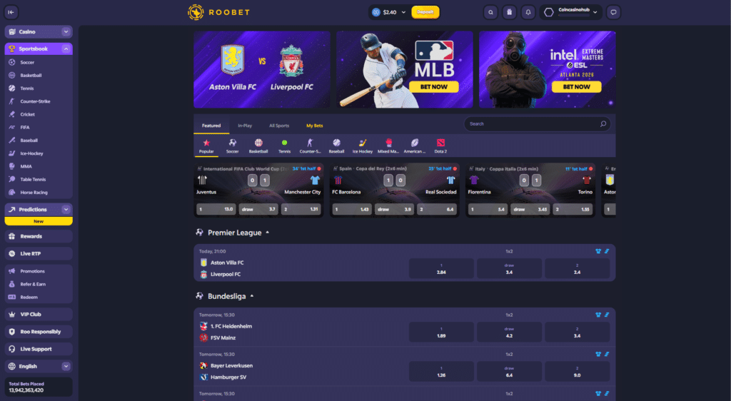 Roobet sportsbook desktop interface with esports, football, and MLB betting