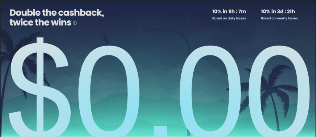 Snatch review Casino cashback dashboard showing $0.00 daily and weekly balance with 20% rate
