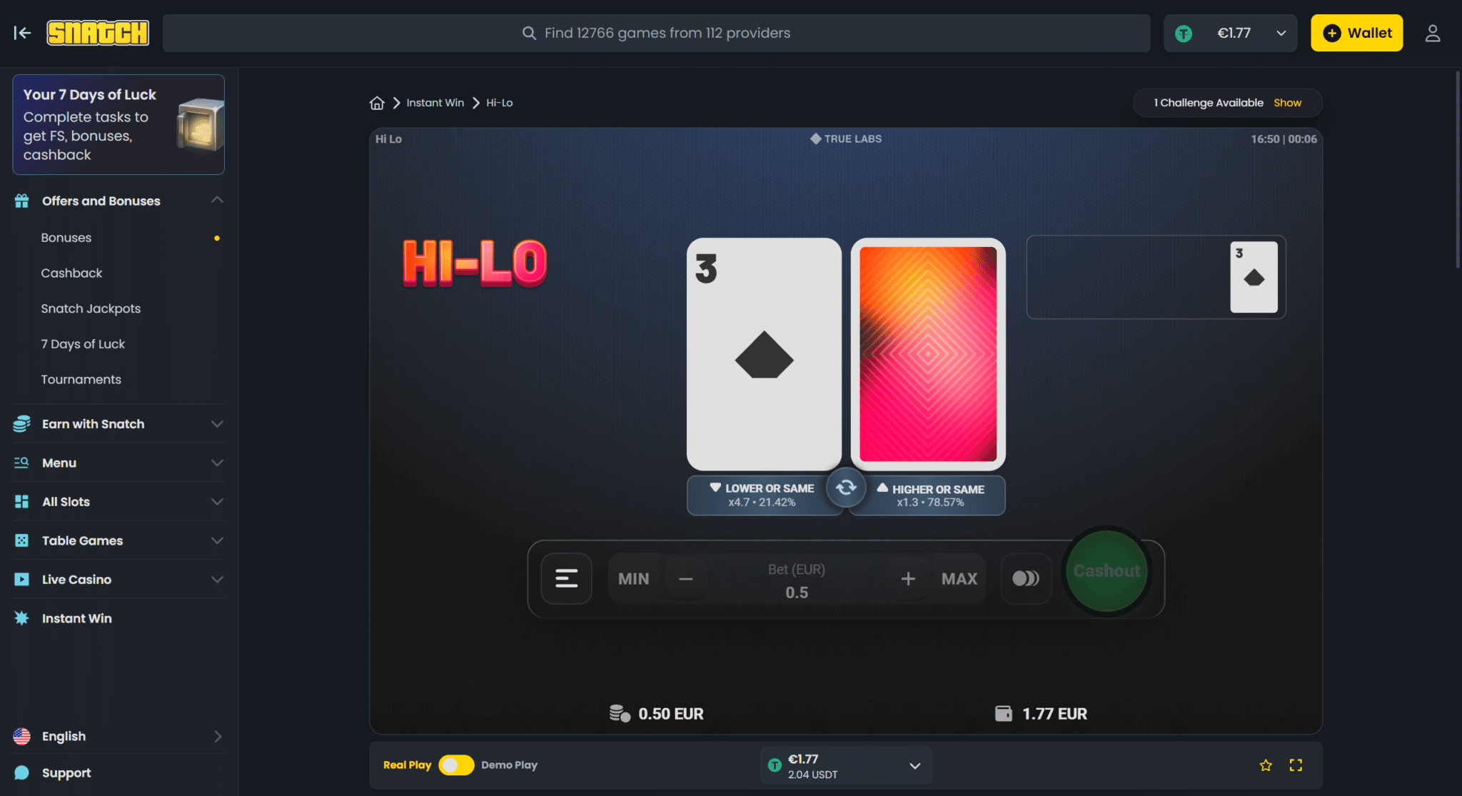 Hi-Lo provably fair game in the Snatch Casino originals lobby