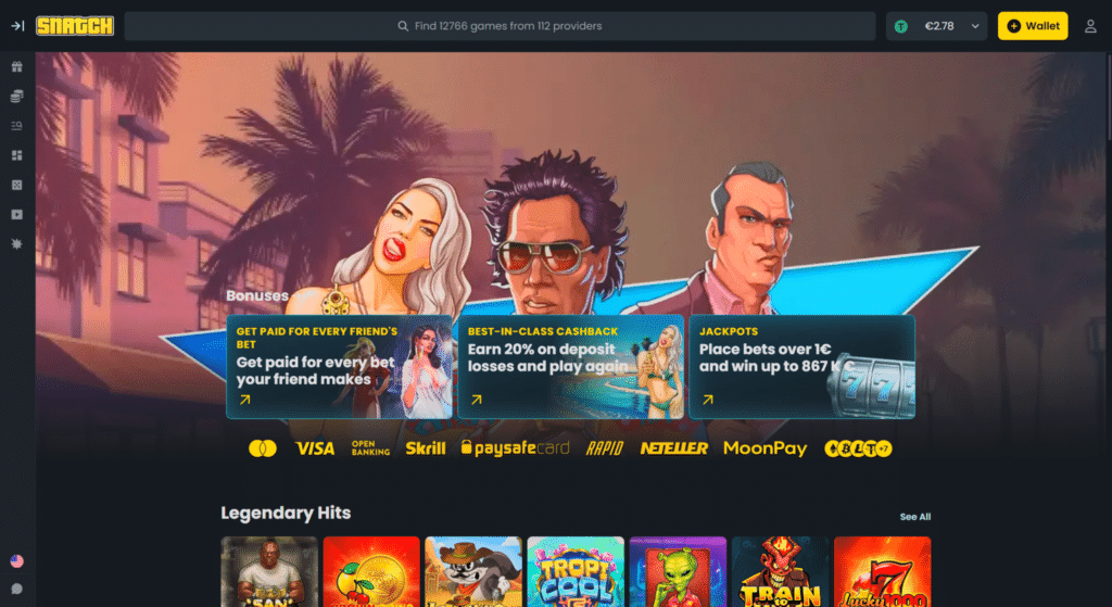 Snatch Casino homepage hero banner showing welcome bonus and featured games