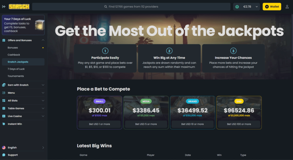 Snatch Casino jackpot games section with progressive slots lineup