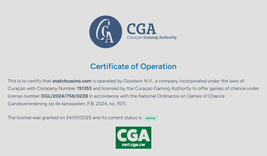 Snatch Casino Curacao Gaming Authority license certificate for Goodwin N.V.