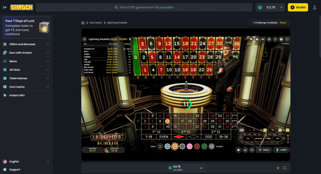 Snatch Casino live dealer lobby with Evolution and Pragmatic Play tables