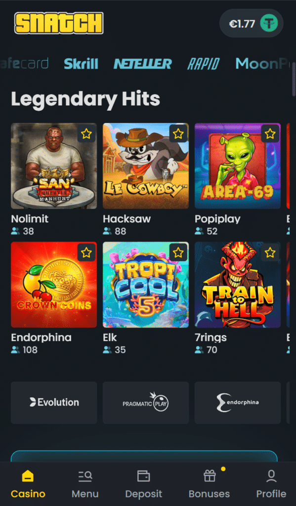 Snatch Casino mobile view showing Legendary Hits slot category on iPhone