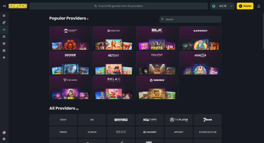 Snatch Casino providers grid featuring NetEnt, Pragmatic Play, Evolution and 80+ studios