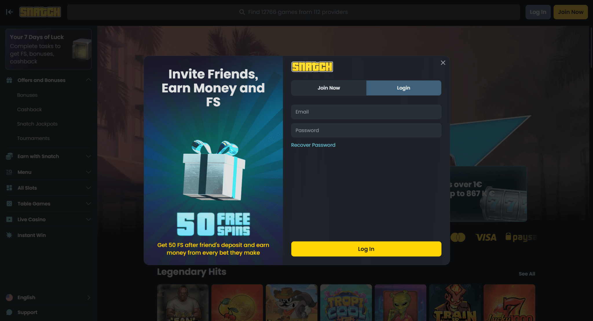 Snatch Casino login screen with email and password fields