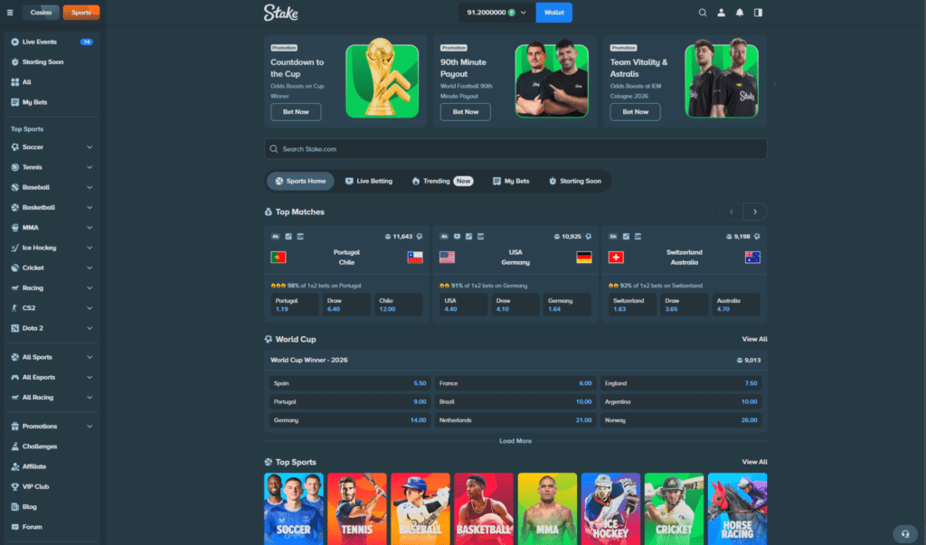 Stake sportsbook review showing live betting markets, sports odds and football betting