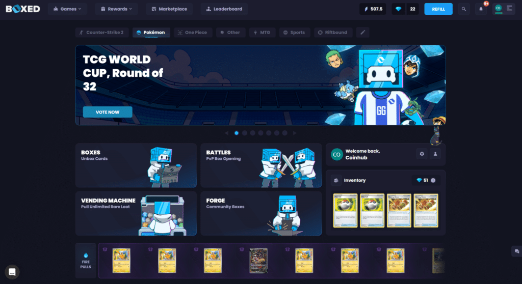 Boxed.gg review homepage showing TCG mystery boxes and Pokemon trading card packs