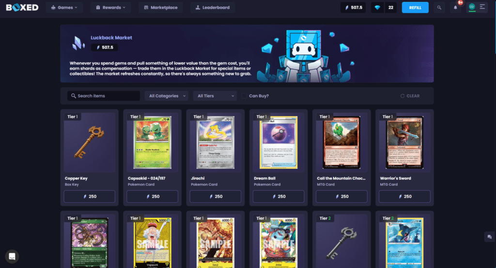 Boxed.gg Luckback rewards system with Shards and tier progression