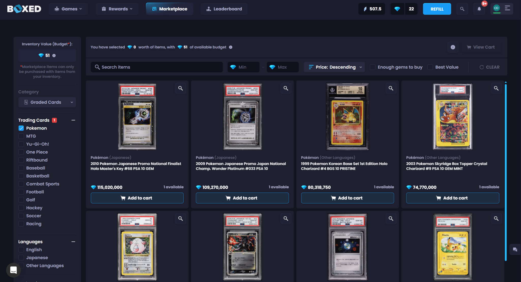 Boxed.gg rewards page showing Gem missions and bonus tiers