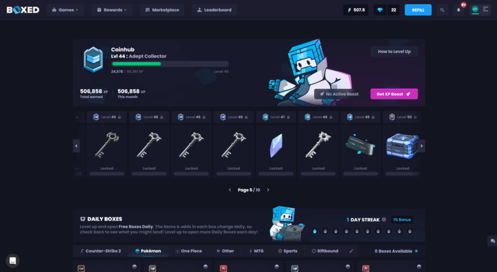 Boxed.gg rewards page showing Gem missions and bonus tiers
