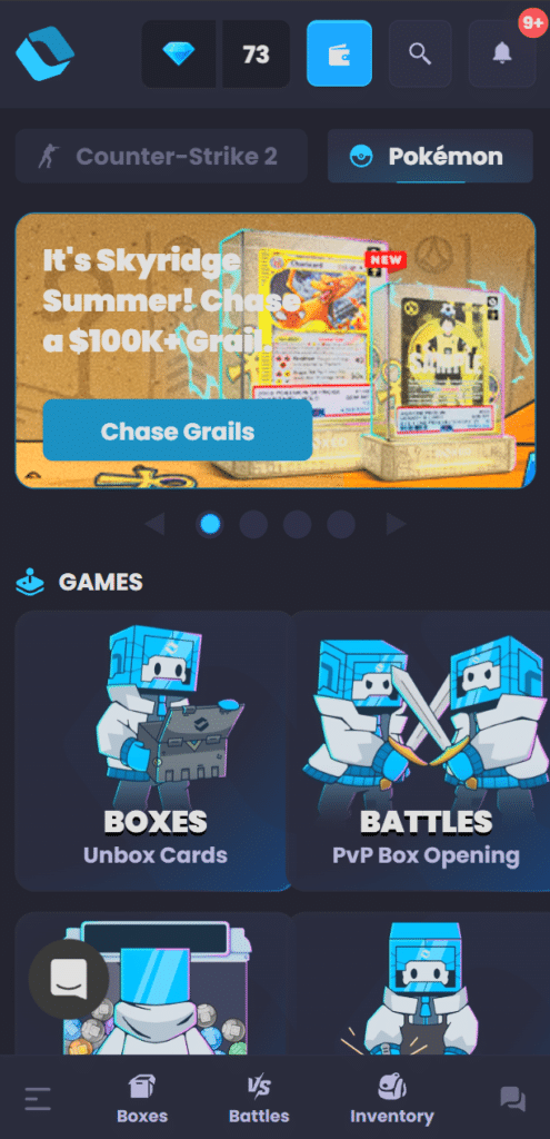 Boxed.gg mobile site showing box browsing and battles on a phone