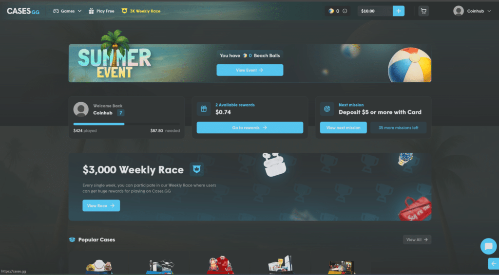 Cases.gg Review 2026 - homepage with daily race and featured mystery boxes