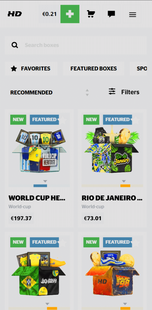 HypeDrop mobile site showing box browsing on a phone screen