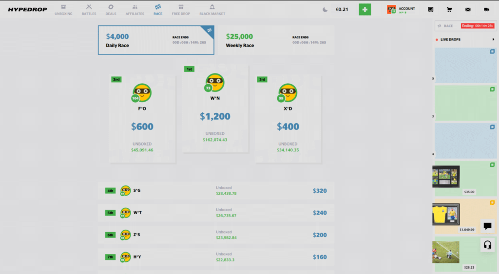 HypeDrop race leaderboard showing the prize pool and player standings