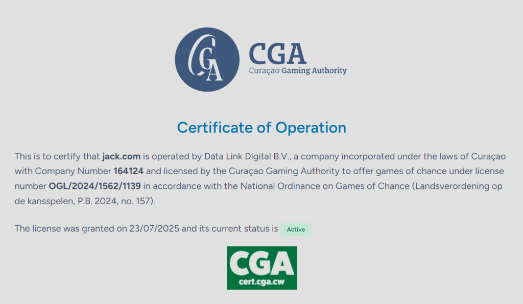 Jack.com Curacao Gaming Control Board license certificate