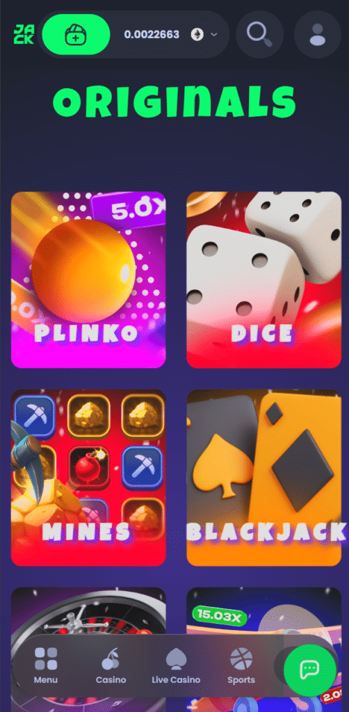 Jack.com mobile casino app showing Plinko and Dice