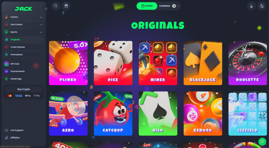 Jack.com Originals games including Plinko and Dice