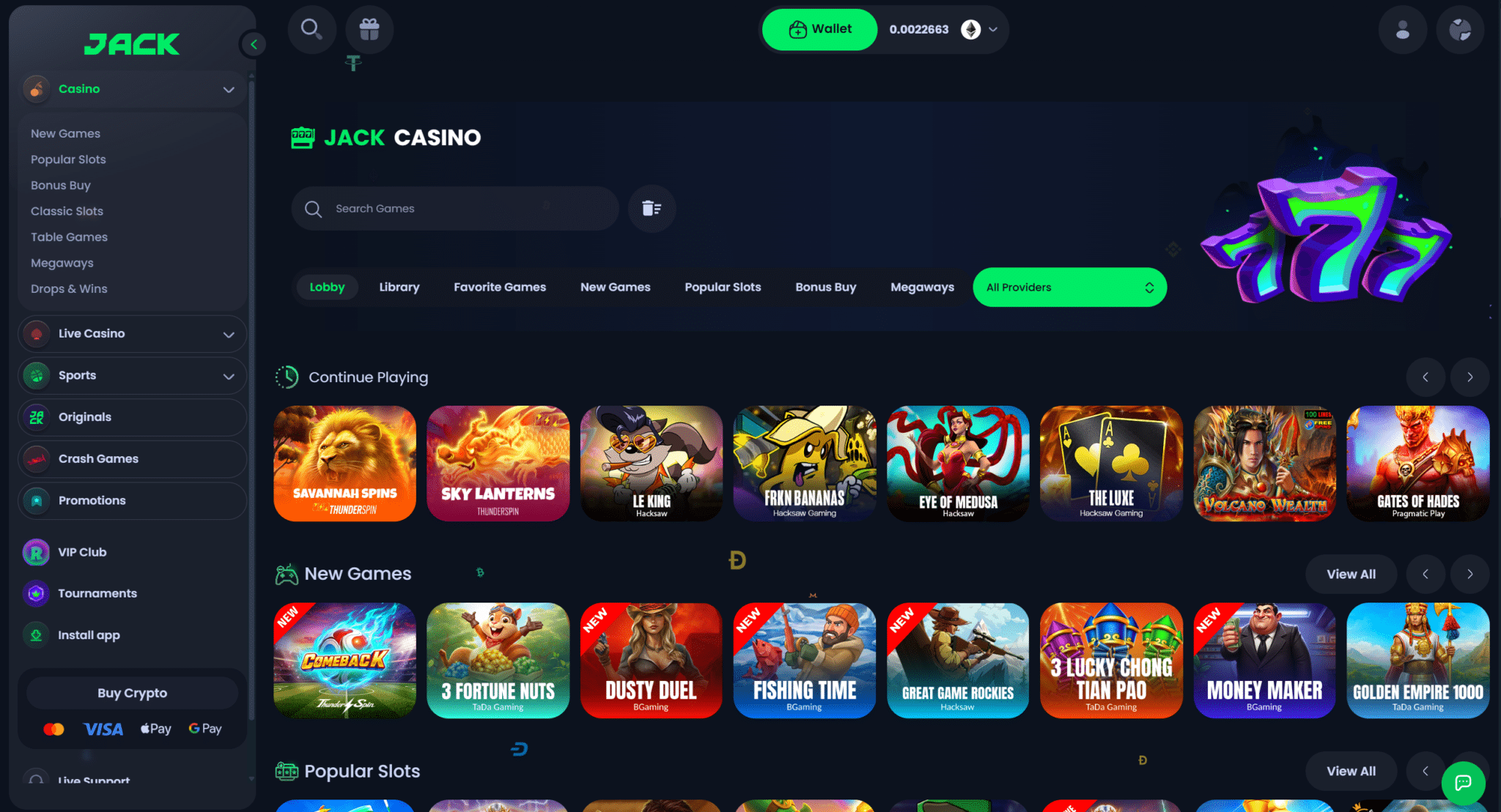 Jack.com slots lobby with provider filters