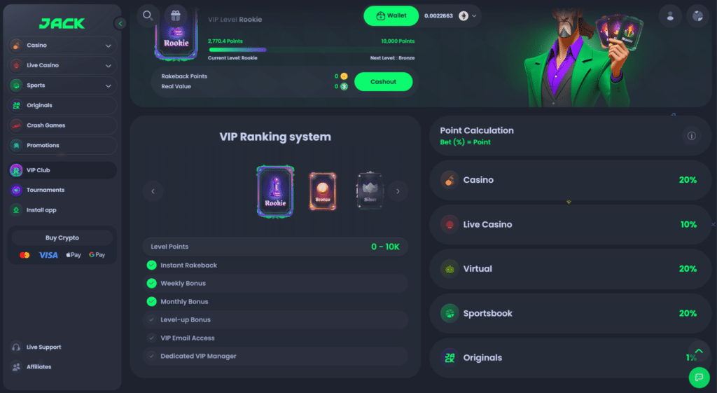 Jack.com VIP ranking system and rakeback calculator